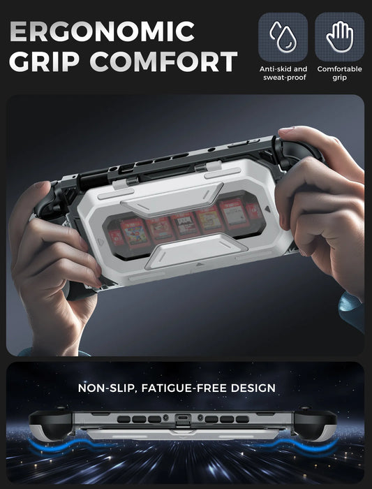 Hands holding the Mumba Titan case for Nintendo Switch 2 in silver, with a rear view and grip profile detail.