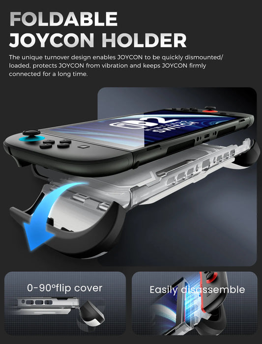 Mumba Titan case for Nintendo Switch 2 in silver with a fold-down Joy-Con holder and diagrams showing controller removal.