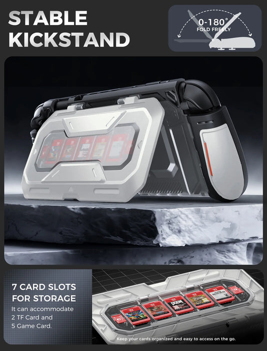 Mumba Titan case for Nintendo Switch 2 in silver propped on its card-holder kickstand, with an inset showing five game card slots and two TF card slots.