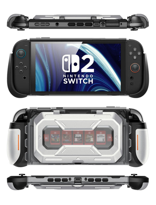Front, rear, top and bottom views of the Mumba Titan case for Nintendo Switch 2 in silver, showing its rear card holder and port openings.