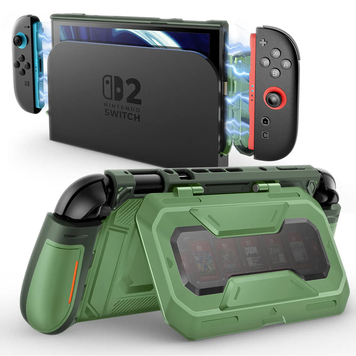 Mumba Titan case for Nintendo Switch 2 in Urban green, shown with the console in a dock and the rear card-holder stand open.