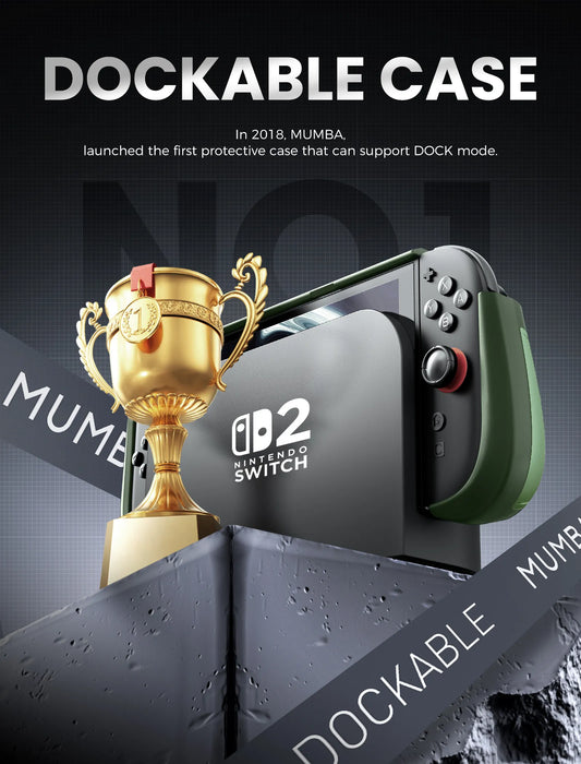 Docking infographic showing the Mumba Titan case for Nintendo Switch 2 in Urban green on a console in its dock beside a trophy graphic.