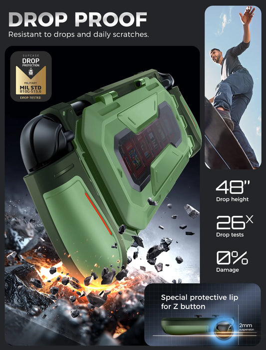 Drop-protection illustration of the Mumba Titan case for Nintendo Switch 2 in Urban green, with a close-up of the raised Z-button edge.