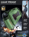 Drop-protection illustration of the Mumba Titan case for Nintendo Switch 2 in Urban green, with a close-up of the raised Z-button edge.