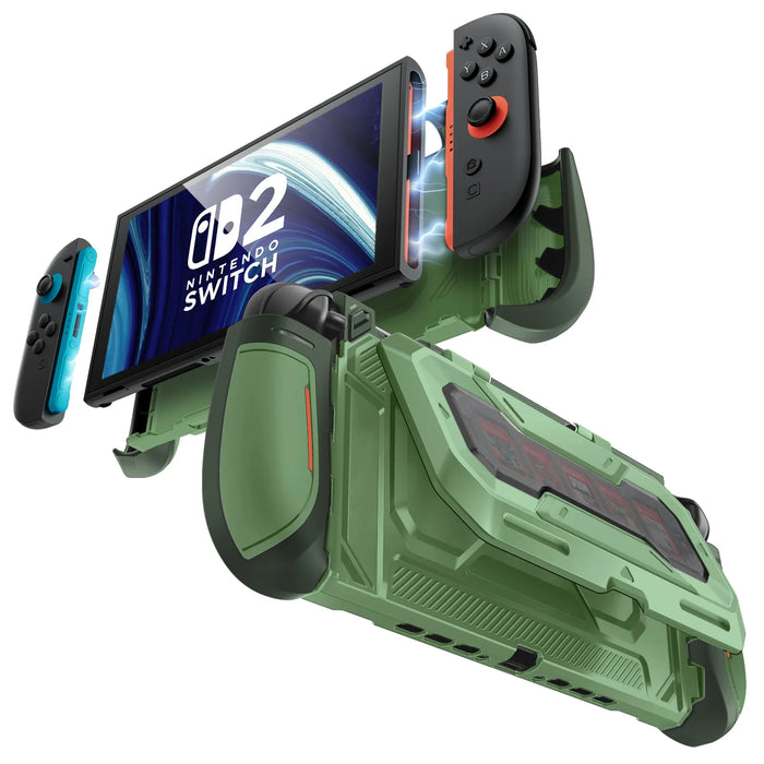 Front and rear views of the Mumba Titan case for Nintendo Switch 2 in Urban green, showing Joy-Con removal and the rear card holder.