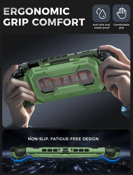 Hands holding the Mumba Titan case for Nintendo Switch 2 in Urban green, with a rear view and grip profile detail.