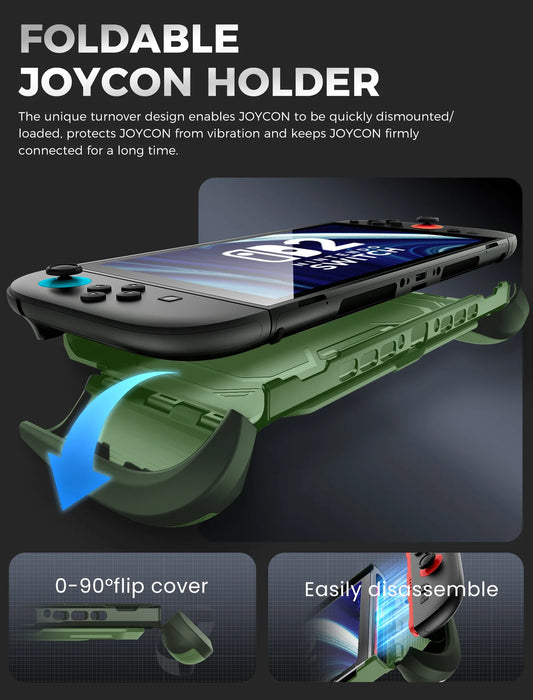Mumba Titan case for Nintendo Switch 2 in Urban green with a fold-down Joy-Con holder and diagrams showing controller removal.