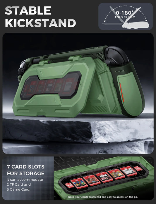 Mumba Titan case for Nintendo Switch 2 in Urban green propped on its card-holder kickstand, with an inset showing five game card slots and two TF card slots.