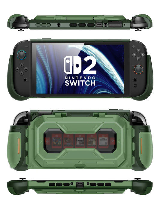 Front, rear, top and bottom views of the Mumba Titan case for Nintendo Switch 2 in Urban green, showing its rear card holder and port openings.