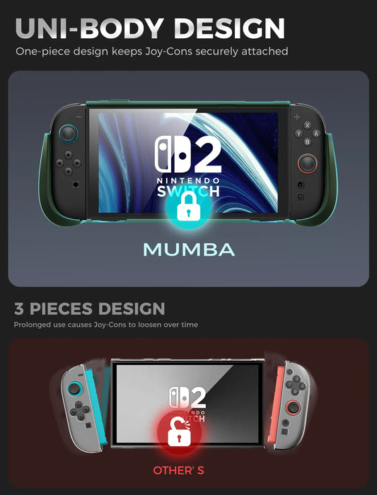 One-piece case design infographic for Nintendo Switch 2, comparing a Mumba Titan case in Urban green with a three-piece design.