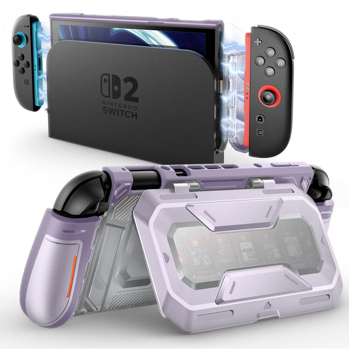 Mumba Titan case for Nintendo Switch 2 in Violt purple, shown with the console in a dock and the rear card-holder stand open.