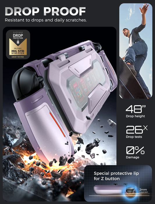 Drop-protection illustration of the Mumba Titan case for Nintendo Switch 2 in Violt purple, with a close-up of the raised Z-button edge.