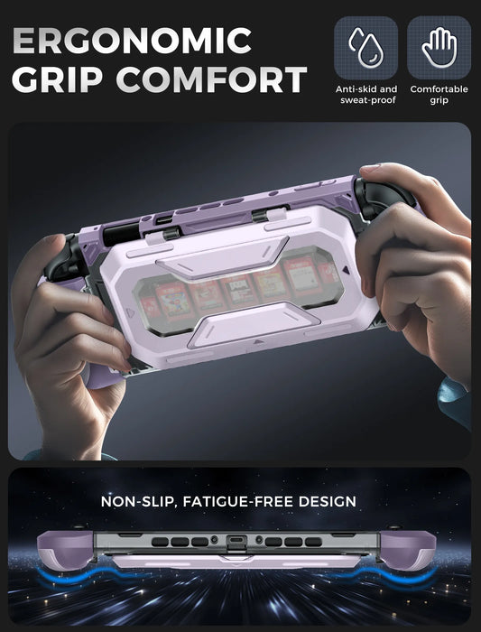 Hands holding the Mumba Titan case for Nintendo Switch 2 in Violt purple, with a rear view and grip profile detail.