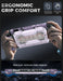 Hands holding the Mumba Titan case for Nintendo Switch 2 in Violt purple, with a rear view and grip profile detail.