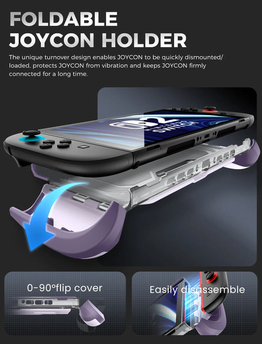 Mumba Titan case for Nintendo Switch 2 in Violt purple with a fold-down Joy-Con holder and diagrams showing controller removal.