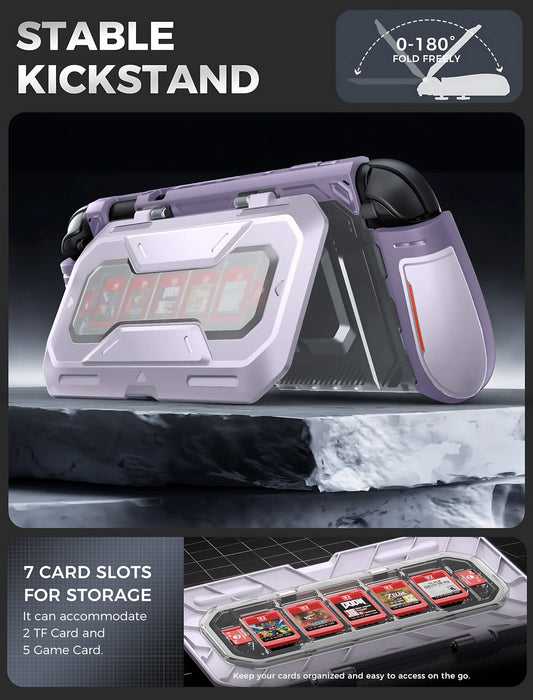 Mumba Titan case for Nintendo Switch 2 in Violt purple propped on its card-holder kickstand, with an inset showing five game card slots and two TF card slots.