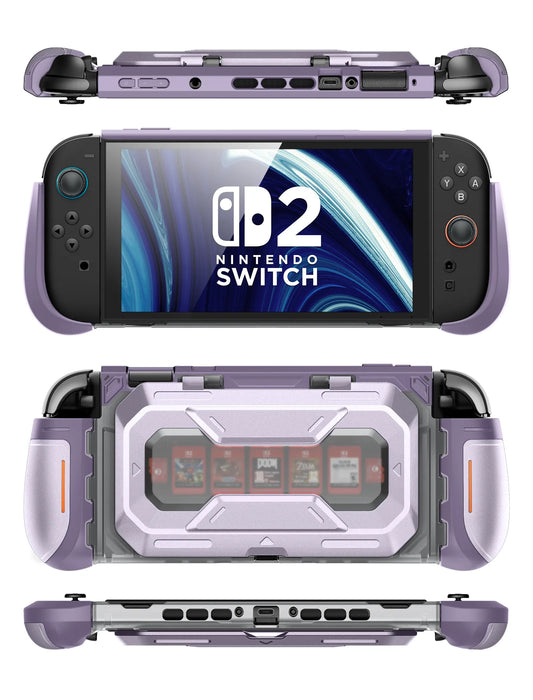 Front, rear, top and bottom views of the Mumba Titan case for Nintendo Switch 2 in Violt purple, showing its rear card holder and port openings.
