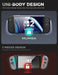 One-piece case design infographic for Nintendo Switch 2, comparing a Mumba Titan case in Violt purple with a three-piece design.