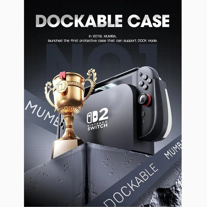 Docking infographic showing the Mumba Titan case for Nintendo Switch 2 in white on a console in its dock beside a trophy graphic.
