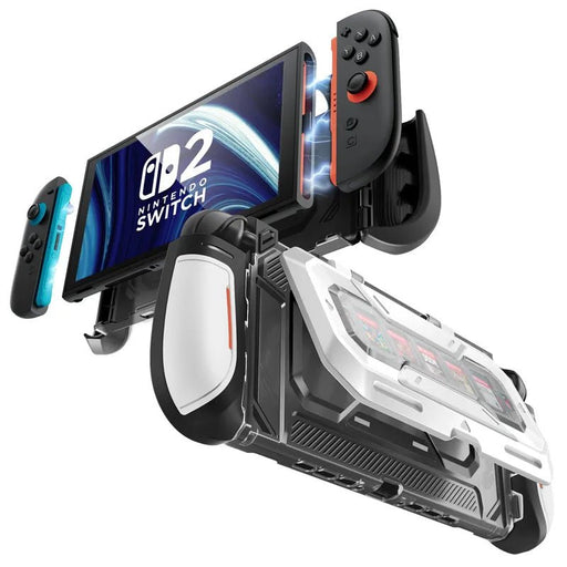 Front and rear views of the Mumba Titan case for Nintendo Switch 2 in white, showing Joy-Con removal and the rear card holder.