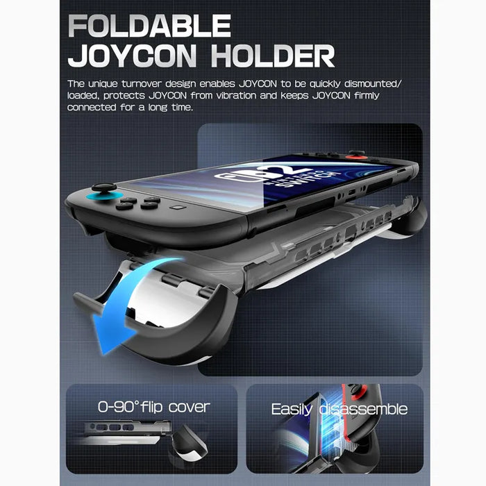 Mumba Titan case for Nintendo Switch 2 in white with a fold-down Joy-Con holder and diagrams showing controller removal.