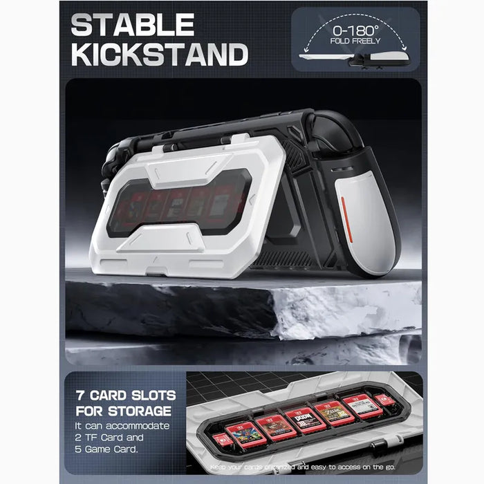 Mumba Titan case for Nintendo Switch 2 in white propped on its card-holder kickstand, with an inset showing five game card slots and two TF card slots.