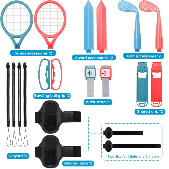 Mumba Switch Sports Accessories Bundle, 18 in 1 Family Accessories Kit for Nintendo Switch/Switch OLED Sports Games: Golf Clubs, Tennis Rackets, Sword Grips, Bowling Ball Grips, Wrist & Leg Straps - Mumba